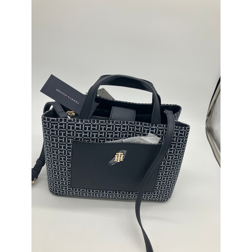 Tommy Hilfiger Black and White Monogram Jacquard Small Tote New